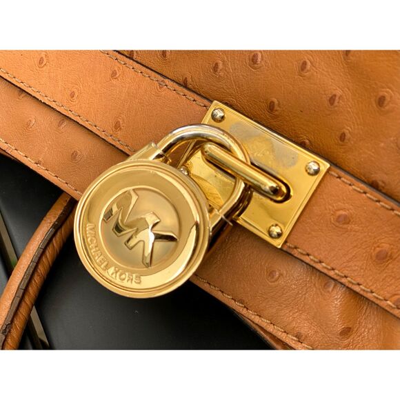 Michael Kors Caramel Ostrich Print Leather Satchel Crossbody Strap & Logo Lock - Picture 3 of 11